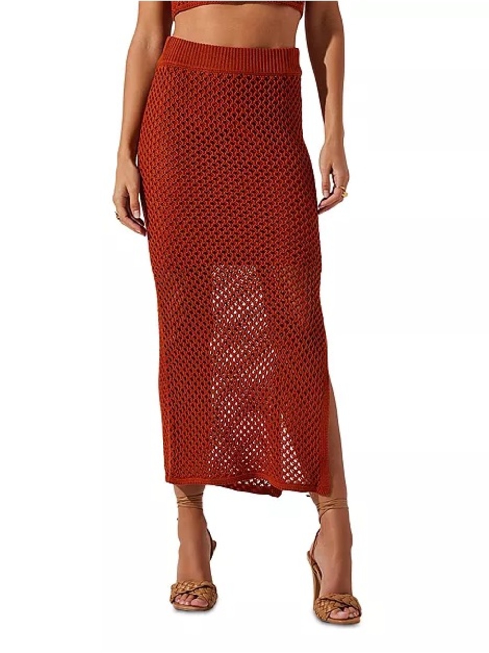 ASTR The Label Carlina Mesh Skirt Small Orange Knit Maxi Skirt Slit